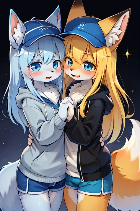 boy,青いfur,animalの耳,8K High Resolution,BLUE SHORTS, grey hoodie,hat,fur,blue neckerchief,Grey Dog Tail,Pretty Beast,animal,Kemono,I'm going to cry out loud,cries事が大好きな雄の青年,(YELLOW GIRL,Fox,girl,YELLOW LONG HAIR) bet, boy,boy,cries, together,hold hands, toge...