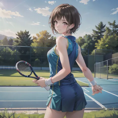 A young female tennis player in a sleek blue outfit stands ready, gripping her racket with both hands in a poised stance. Sunlight accentuates the crisp lines of her attire and the polished strings of the racket. Her determined gaze locks onto an unseen op...