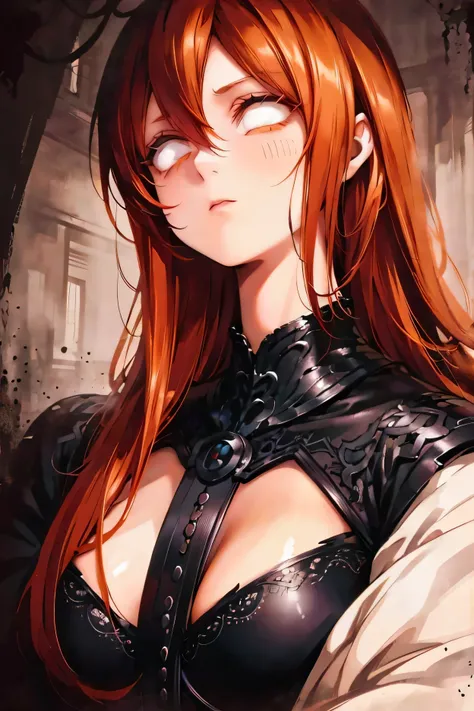 a woman with orange hair,Full height,whiteeyes,in revealing clothes,detailed facial features,intense expression,dramatic lighting,moody atmosphere,cinematic,dark fantasy,digital painting,masterpiece,4k,ultra-detailed,dramatic colors,dark colors,chiaroscuro...