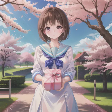 A breathtakingly beautiful 20-year-old woman stands in a lush park filled with cherry blossoms in full bloom beneath a clear blue sky. She wears a classic sailor uniform and gently holds a small, neatly wrapped gift box adorned with a red ribbon. Her radia...