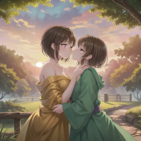 A breathtakingly beautiful 20-year-old woman stands in a lush green park at sunset, bathed in the warm golden light of the evening sun. Facing forward, her eyes gently closed, cheeks slightly flushed, and her face tilted upward as if anticipating a kiss, s...