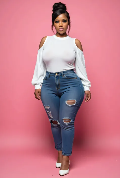 (RAW Photo, Best Quality), (Realistic, Photo Realistic: 1.3), Best Quality, Highly Detailed, Masterpiece, Hyperdetail, Realistic photo shot,(( beautiful  ebony woman)), fashion bun hair, slim curvy body,  , ((( tight ripped denim jeans,Open Shoulder Lanter...