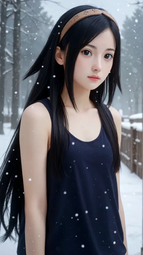 1girl, solo,hikari uchiha,black hair,long hair,outdoors,potrait,winter background,tanktop,small breast,black eyes, snowfall,bronze hairband