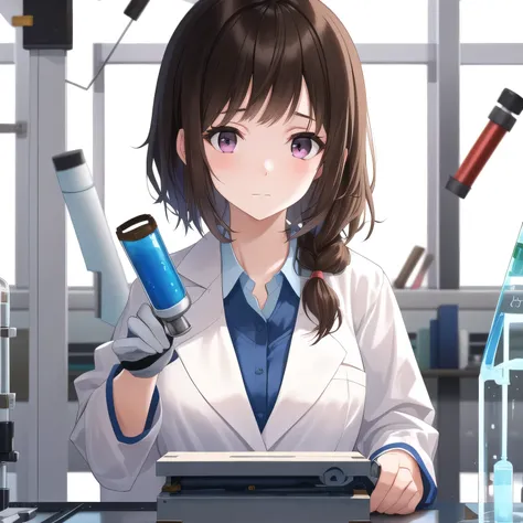 Depict a 20-year-old, stunningly beautiful woman conducting an experiment in a well-equipped science lab. She wears a pristine white lab coat over professional attire, her expression focused as she carefully handles scientific instruments. Whether her hair...
