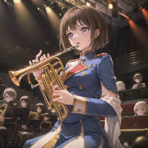 Depict a 20-year-old, dazzlingly beautiful woman playing a brass instrument in a grand concert hall. She wears an elegant yet practical band uniform, designed with intricate gold embroidery. Her posture is poised, fingers positioned with precision, her eye...