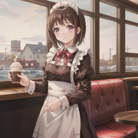 A girl is working as a waitress in a cozy cafe. She's wearing a classic maid outfit. The air feels warm and calm, and it's like you can almost smell the coffee through the picture. Brown hair, short hair, purple eyes.