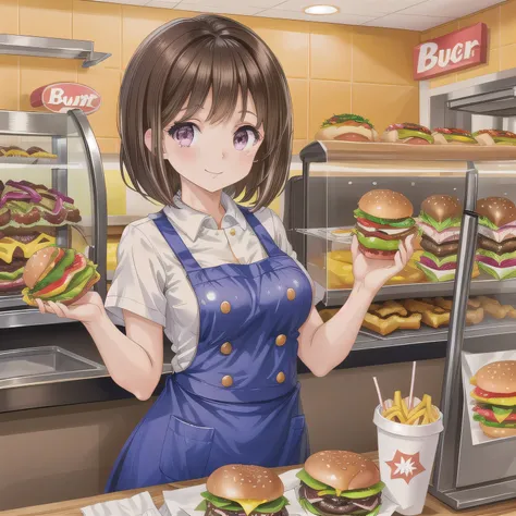 She is a cheerful girl working behind the counter at a cozy burger shop. She is wearing a cute burger shop uniform and smiling warmly at the customers. The background shows a bright and clean fast food counter with menu boards. Brown hair, short hair, purp...