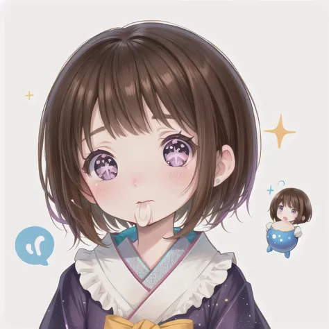 A Japanese anime-style chibi girl, 3-head-tall, super round body and head, deformed proportion, big sparkling eyes, small nose and mouth, cute and soft illustration, simplified color palette, masterpiece, her mouth is empty, nothing in her mouth, no object...