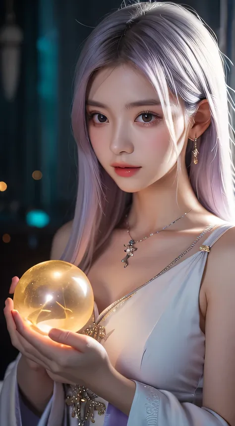 "A beautiful young female fortune teller with flowing, light purple hair, gently holding a glowing crystal ball, wearing intricate mystical attire in pastel shades, with a mysterious and enchanting atmosphere, soft ethereal lighting, detailed facial featur...