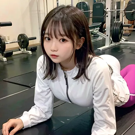 A person doing a plank exercise on a mat in a fitness gym, minimal equipment, bright interior. Long hair, dark hair, dark eyes.