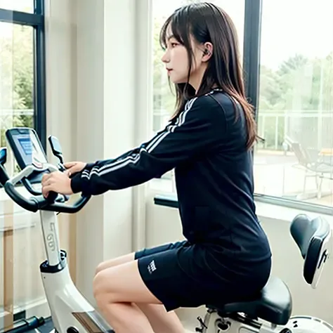 A fitness gym, a person training on a stationary bike, side view, bright morning sunlight through large windows. Long hair, dark hair, dark eyes.