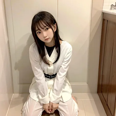 A beautiful woman in a A narrow, compact Japanese bathroom, with tiled walls, a small bathtub, and a wooden stool beside it. Steam fills the room., sitting in seiza style , politely waiting to greet someone.The character is wrapped in a towel around the bo...