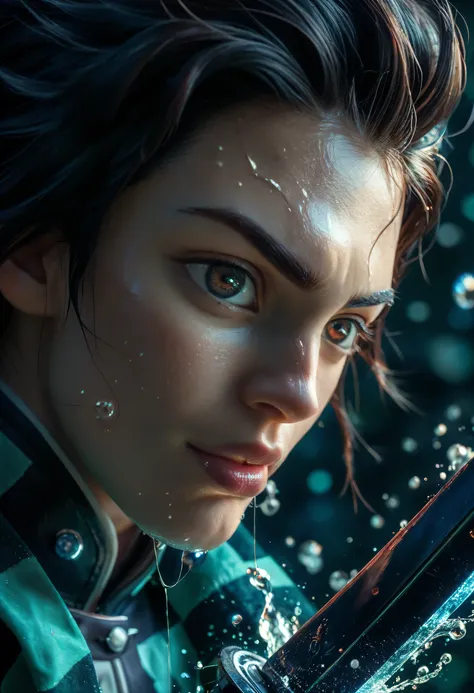 Tanjiro kamado, 1boy, A hyper-realistic CGI rendering of a fierce anime warrior mid-battle, wielding a glowing katana surrounded by dynamic splashes of water forming a whirlpool. The warrior has intense facial expression, flowing red-black hair, and wears ...