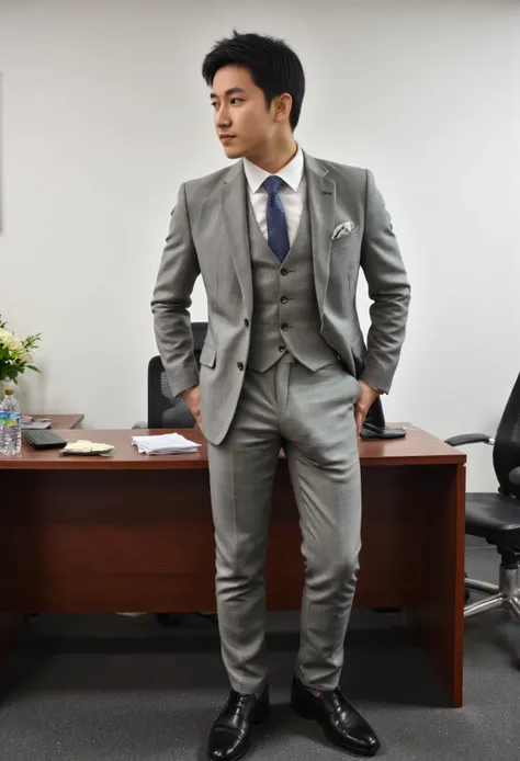 Asian young man in grey suit.(Outer suit removed) Looks very handsome in the office, highlights the bulge under the crotch, tilts up to the left, has a long cylindrical shape showing very big bulge in pant, photorealistic skin texture, full body