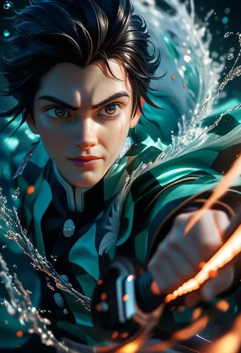 Tanjiro kamado, 1boy, A hyper-realistic CGI rendering of a fierce anime warrior mid-battle, wielding a glowing katana surrounded by dynamic splashes of water forming a whirlpool. The warrior has intense facial expression, flowing red-black hair, and wears ...