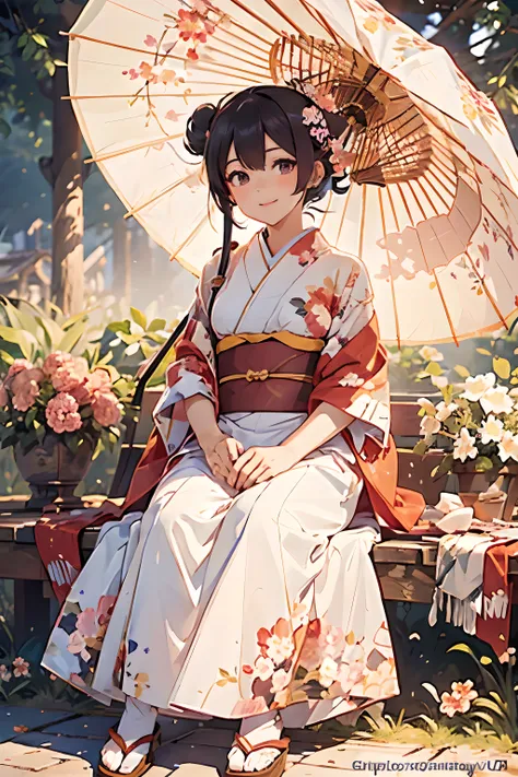 ((a red kimono maid girl is sitting on the moon covered in flowers)),, moon, stars, cloud
Cherry blossoms, clothing, a beautiful girl in Japanese pattern clothing with a floral pattern, (an flower covered umbrella),from above,
(happy smile),(black half up...