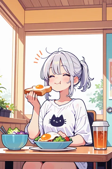 morning,indoor,a cute girl,silver hair,short ponytail,big smile,happy,shirt with cat print,
sitting,eating toast with a fried egg on it,a small bowl with salad on table,a cup of cold tea,
((ultra detailed perfect piece)),illustration,masterpiece,(extremel...