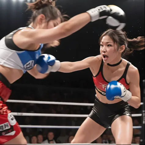 Tokyo Dome、Striking the face、woman getting punched in the face、wide angle shot with lots of background、MMA costume、  Japanese woman with an idol face  、Take a punch、 with choker, black gloves、  knee supporter , wrestling shoes , Sweaty face,  Realistic te...