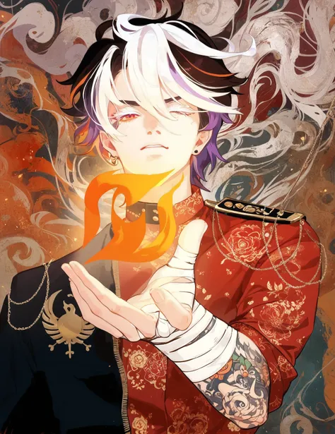 A figure stands against a dynamic background reminiscent of swirling flames and clouds with rich tones of reds and oranges, creating a dramatic and intense atmosphere. Their hair is styled in a striking combination of white and black, with hints of vibrant...