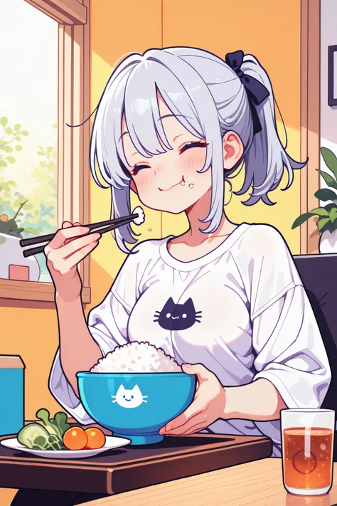 morning,indoor,a cute girl,silver hair,short ponytail with ribbon,big smile,happy,white shirt with cat print,
sitting,eating rice in a large bowl with chopstick,bowl with salad on table,a cup of cold tea,
((ultra detailed perfect piece)),illustration,mast...