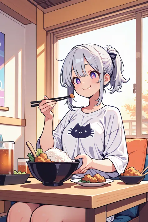 morning,daylight,indoor,a cute girl,silver hair,short ponytail with ribbon,big smile,happy,white shirt with cat print,
sitting,eating rice in a large bowl with chopstick,bowl with salad on table,fried chicken with mayonnaise on a plate,a cup of cold tea,
...