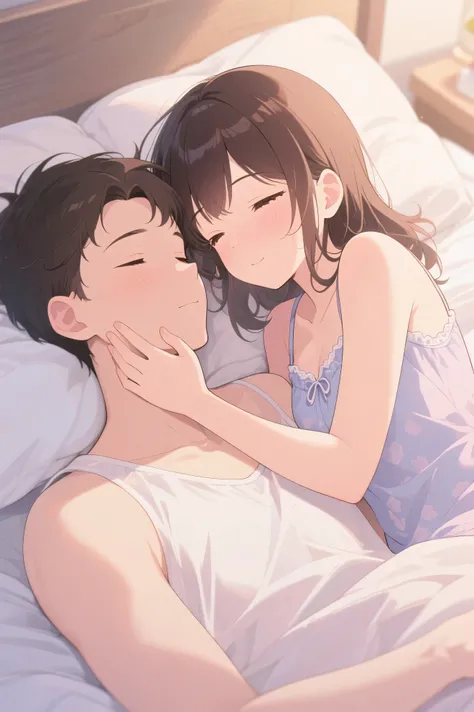 Highest Quality、anime style、When I wake up, a cute girl wakes me up by lightly patting me on the cheek、A heartwarming sight、masterpiece