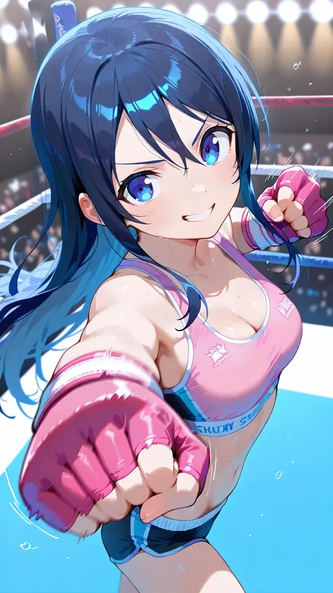 ayase aragaki, long hair, blue eyes, black hair, solo, Detailed eyes, pink sports bra, pink sports very short spats, pink fingerless gloves, thigh, cleavage, slim long legs, medium breast, serious grin, looking at viewer, Detailed eyes, Detailed face, from...