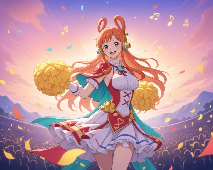 Uta from “One Piece Film Red” performing a fantasy concert on a vast stage, wearing a radiant, colorful outfit emitting a mystical aura. Beams of soft light rise into a pastel-colored sky, with floating musical notes and silhouettes of cheering fans. The e...