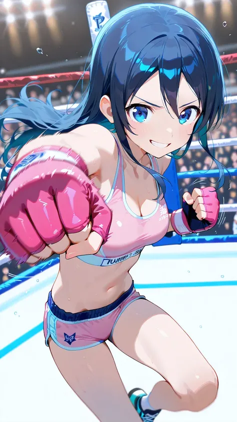 ayase aragaki, long hair, blue eyes, black hair, solo, Detailed eyes, pink sports bra, pink sports very short spats, pink fingerless gloves, thigh, cleavage, slim long legs, medium breast, serious grin, looking at viewer, Detailed eyes, Detailed face, from...