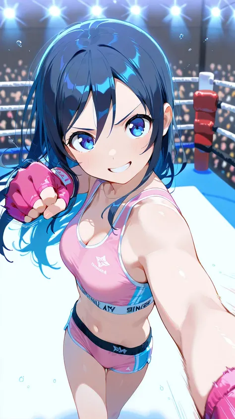ayase aragaki, long hair, blue eyes, black hair, solo, Detailed eyes, pink sports bra, pink sports very short spats, pink fingerless gloves, thigh, cleavage, slim long legs, medium breast, serious grin, looking at viewer, Detailed eyes, Detailed face, from...