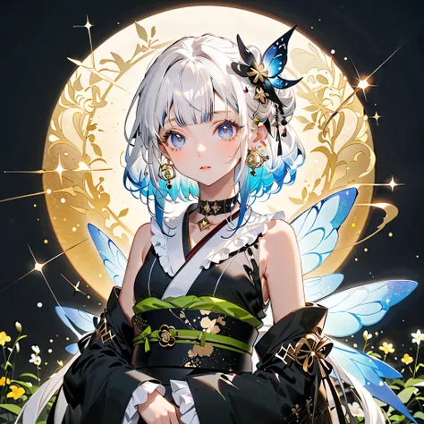 1girl,pretty face、Baby Face、(((Best Composition、Highest Quality、masterpiece、Super Detail、after being played in high definition、CG、16k、HHD)))、 Clear Outline 、Character Design、starの妖精、(((hair color/Milk white and blue gradient hair color)))、(((Hairstyles/Lon...