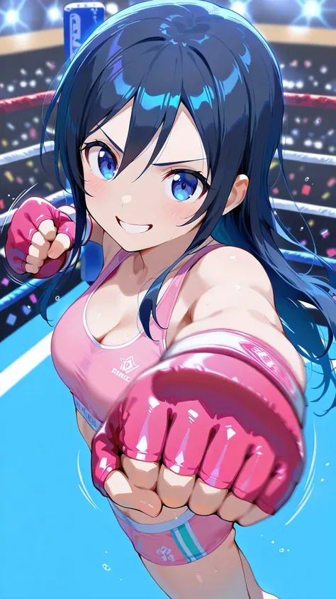 ayase aragaki, long hair, blue eyes, black hair, solo, Detailed eyes, pink sports bra, pink sports very short spats, pink fingerless gloves, thigh, cleavage, slim long legs, medium breast, serious grin, looking at viewer, Detailed eyes, Detailed face, from...