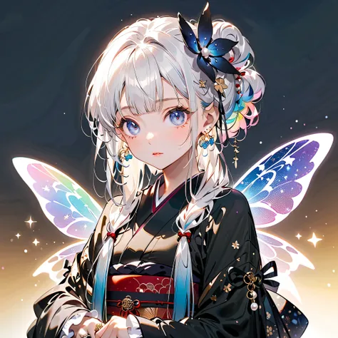 1girl,pretty face、Baby Face、(((Best Composition、Highest Quality、masterpiece、Super Detail、after being played in high definition、CG、16k、HHD)))、 Clear Outline 、Character Design、starの妖精、(((hair color/Milk white and blue gradient hair color)))、(((Hairstyles/Lon...