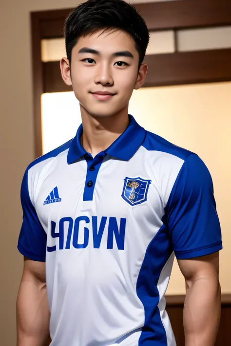 18-year-old male、Japanese、handsome、macho、athlete、Short Hair、facing the front、soccer uniform with both hands pointing at the camera、smile、upright