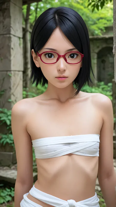 1girl, solo,sarada uchiha,black eyes,black hair,short hair,outdoors,potrait,ruins,flat chest,,wearing glasses,(bandaged chest:1.4),forest
