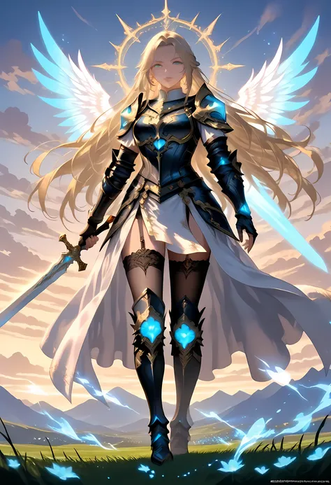 a woman with a sword and wings standing in front of a mountain, angel knight girl, as a mystical Valkyrie, epic fantasy character art, high quality fantasy art, epic fantasy digital art style, fantasy character art, female blond hair templar, fantasy palad...