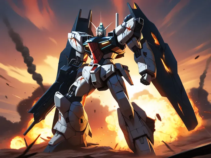 "Anime style, giant humanoid robot standing amidst a battlefield, explosions and smoke in the background, dramatic sunset sky, heavily armed mecha with battle damage and scorch marks, dynamic pose, powerful composition, highly detailed mechanical design, c...