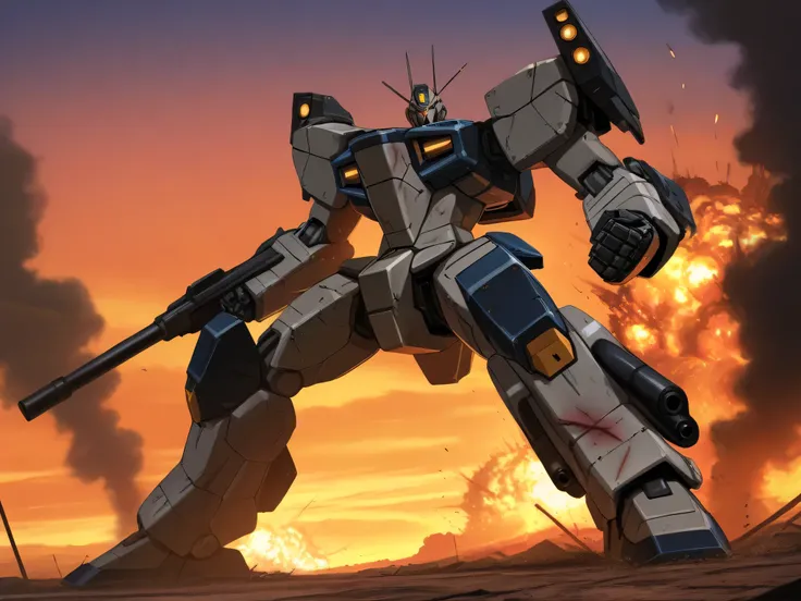 "Anime style, giant humanoid robot standing amidst a battlefield, explosions and smoke in the background, dramatic sunset sky, heavily armed mecha with battle damage and scorch marks, dynamic pose, powerful composition, highly detailed mechanical design, c...