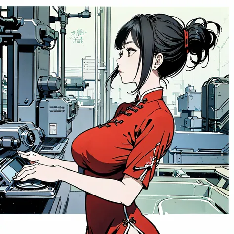 Profile、upper body、red Chinese dress、big breasts、black hair、There is、 factory、