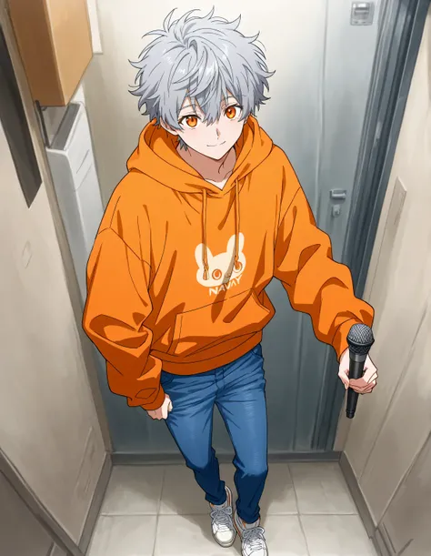 best quality　male性　male　20 years old　Gray Hair　bright orange eyes　orange hoodie　navy blue jeans　white sneakers　short fluffy hair　A slight smile　standing up picture　and look at the camera　eye contact　Front angle of view　Pose　holding a microphone
