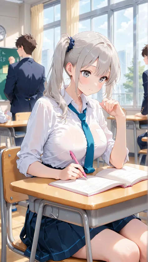 
Highest Quality 、masterpiece、very delicate hair expression ,rushing home,((  delicate eye description) 、 Classroom ,high school students,Licensed ,uniform,miniskirt,ties,Listening to class , 1 girl on break day （side ponytail hair:1.1）((Grey Long Hair,gra...