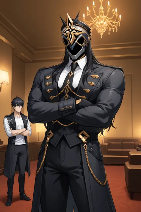 score_9, score_7_up,  source _ Anime Ilcapitano , a boy, Alone, male approach, BLACK HAIR, Long hair, Mascara, Faceless,  Masked man ,
 Hotel room interior , Party atmosphere ,interior lighting,
white t-shirt with long sleeve buttons, black tie,black coat,...