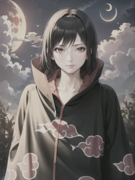 (masterpiece), (best quality), ultra high res, professional artwork, ultra detailed, intricate, detailed face, perfect lighting, 1girl, black hair, (red eyes), AKATSUKI OUTFIT, ninja, black cloak, black coat, high collar, collarbone, head, night, night sk...