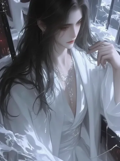 a handsome man with long hair antique black hair,a handsome man with long hair, an ancient brunette in a fairy-looking white Hanfu, traditional Chinese clothing , Double eyelids,Japanese Manga Style,The throat is obvious