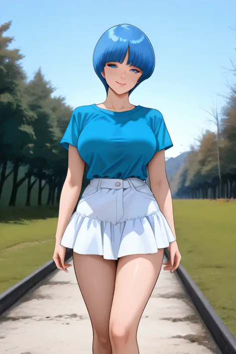 Score_8_up, Score_7_up, break,1980’s anime style,  ((Seven-headed:1.1)), long-limbed, (( She  is fashion show model:1.1)),  masterpiece, best_quality ,Ultra-realistic 8kCG,masterpiece,Smile, short boyish hair,((blue bob boyish cut)),outdoor,AOI YUME Masaka...