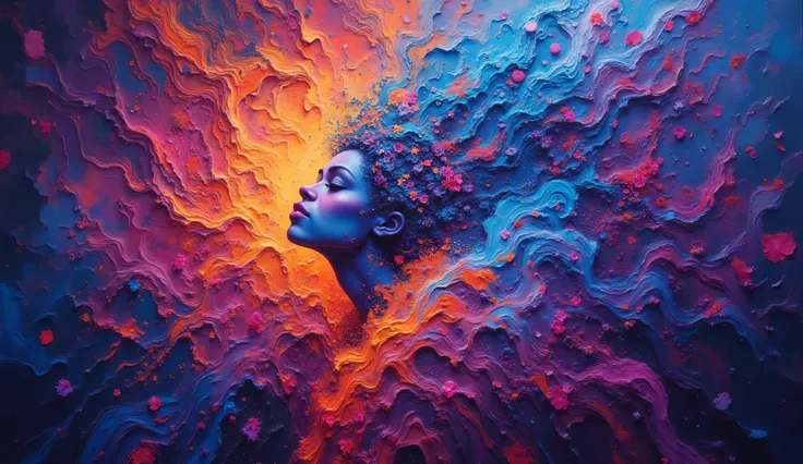 Dreamlike digital artwork of a mother holding her baby in her arms. Her cascading hair transforms into a vibrant waterfall of neon blackberries and flowers detailed with a zentangle pattern, twisting into a tornado of love and affection, becoming a cloak t...
