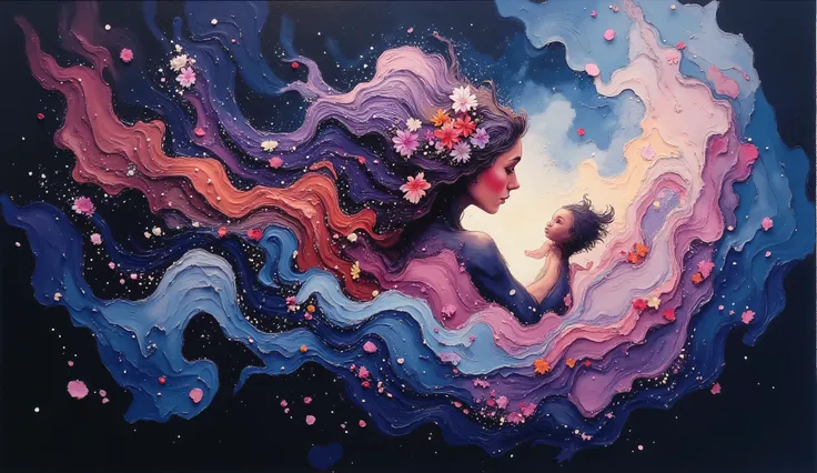 Dreamlike digital artwork of a mother holding her baby in her arms. Her cascading hair transforms into a vibrant waterfall of neon blackberries and flowers detailed with a zentangle pattern, twisting into a tornado of love and affection, becoming a cloak t...