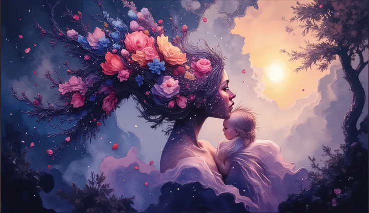 Dreamlike digital artwork of a mother holding her baby in her arms. Her cascading hair transforms into a vibrant waterfall of neon blackberries and flowers detailed with a zentangle pattern, twisting into a tornado of love and affection, becoming a cloak t...