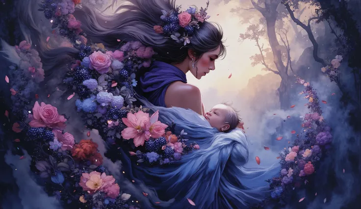 Dreamlike digital artwork of a mother holding her baby in her arms. Her cascading hair transforms into a vibrant waterfall of neon blackberries and flowers detailed with a zentangle pattern, twisting into a tornado of love and affection, becoming a cloak t...