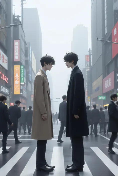 A digital realistic style illustration. A misty Tokyo morning. A busy Shibuya crosswalk. A delicate, slender Japanese man (Ren), pale skin, soft brown eyes, black wavy hair, in a beige long coat, stands still. Across the crosswalk, a tall, sharply handsome...